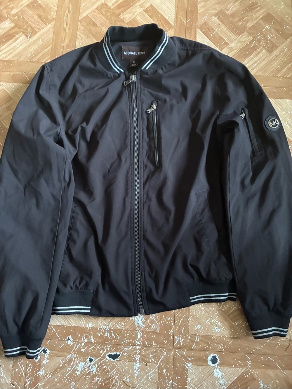 Michael Kors Black Bomber Jacket with Contrast Stripe Collar